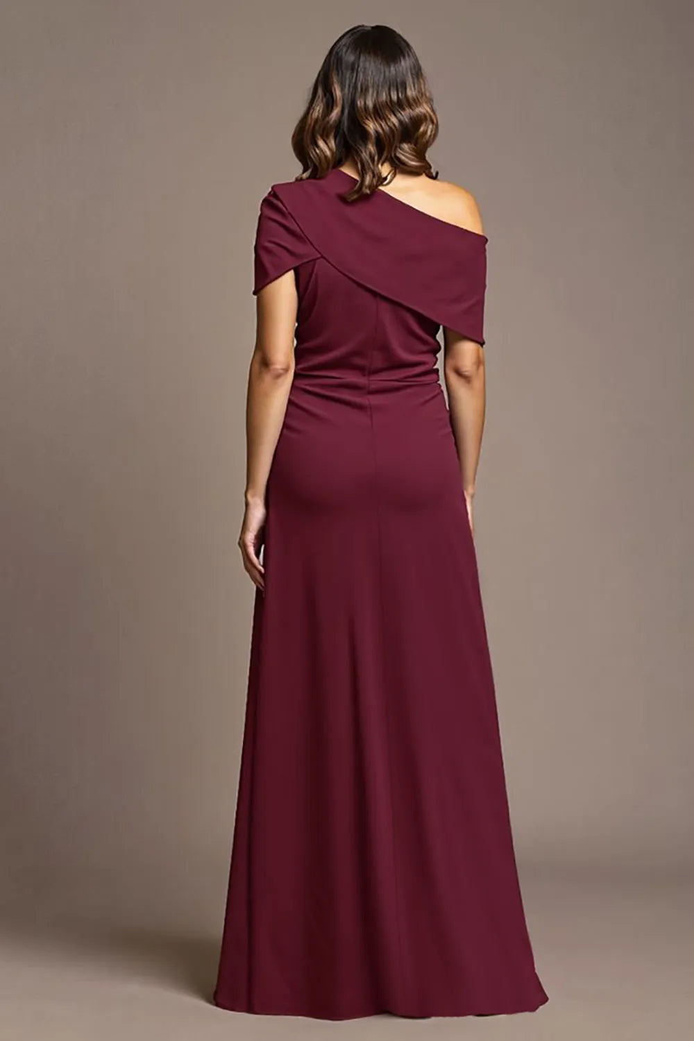 Elegant Burgundy Sheath One-Shoulder Ruched High Slit Mother of the Bride Dress female guests