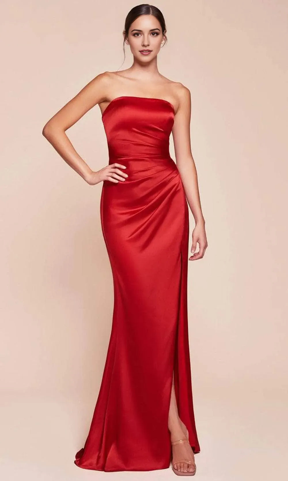 Elegant Burgundy Sheath Sweetheart Neck Strapless Lace-Up Back Ruched Satin High-Slit Prom Dresses