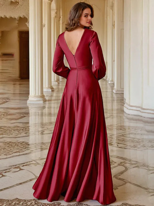 Elegant Burgundy Sleek Deep V-Neck Long Sleeves with High Slit  Satin Prom Dress with Deep Sheer Lantern Sleeves and High Side Slit for Formal Evening Gala