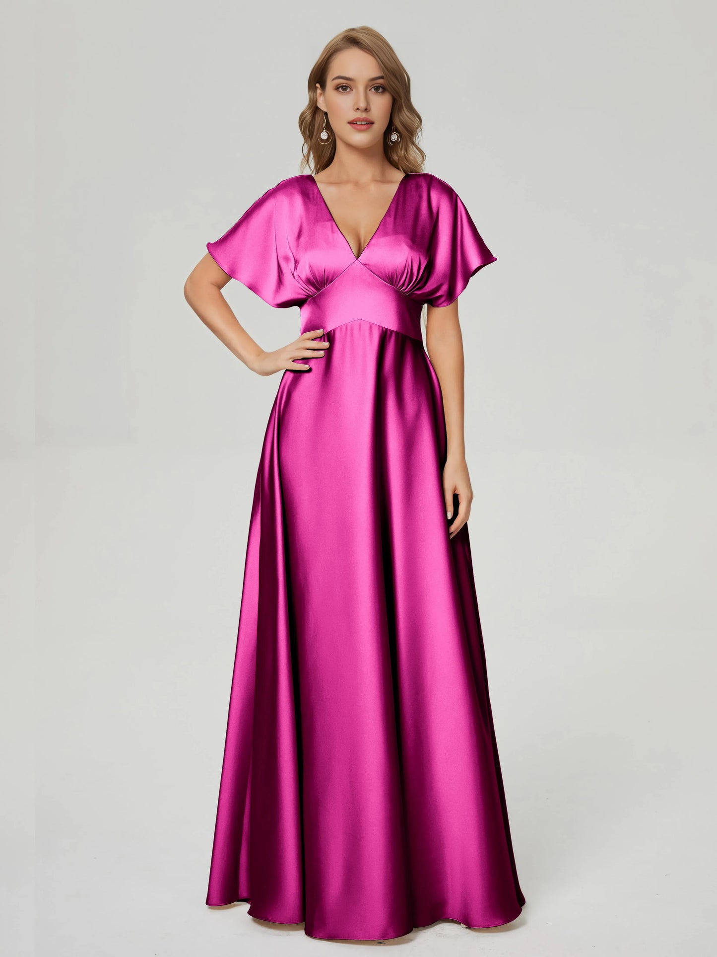 Elegant Burgundy V-neck Short Sleeves Satin Prom Dress  with Flutter Sleeves Deep and Flowy Skirt