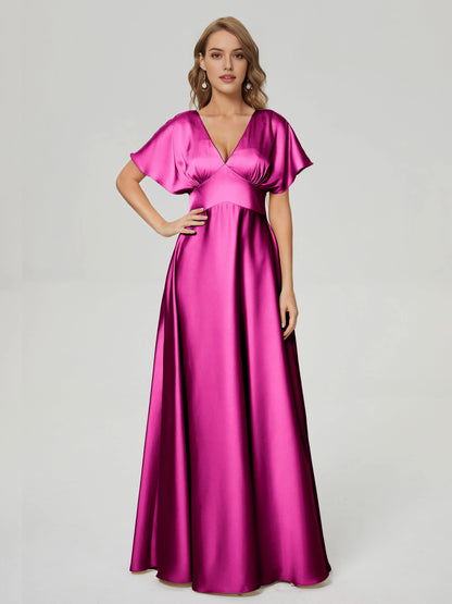 Elegant Burgundy V-neck Short Sleeves Satin Prom Dress  with Flutter Sleeves Deep and Flowy Skirt