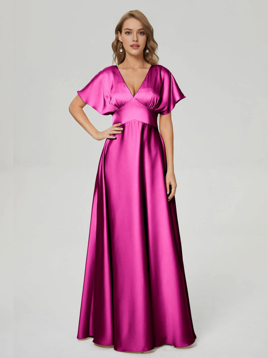 Elegant Burgundy V-neck Short Sleeves Satin Prom Dress  with Flutter Sleeves Deep and Flowy Skirt