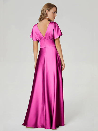 Elegant Burgundy V-neck Short Sleeves Satin Prom Dress  with Flutter Sleeves Deep and Flowy Skirt