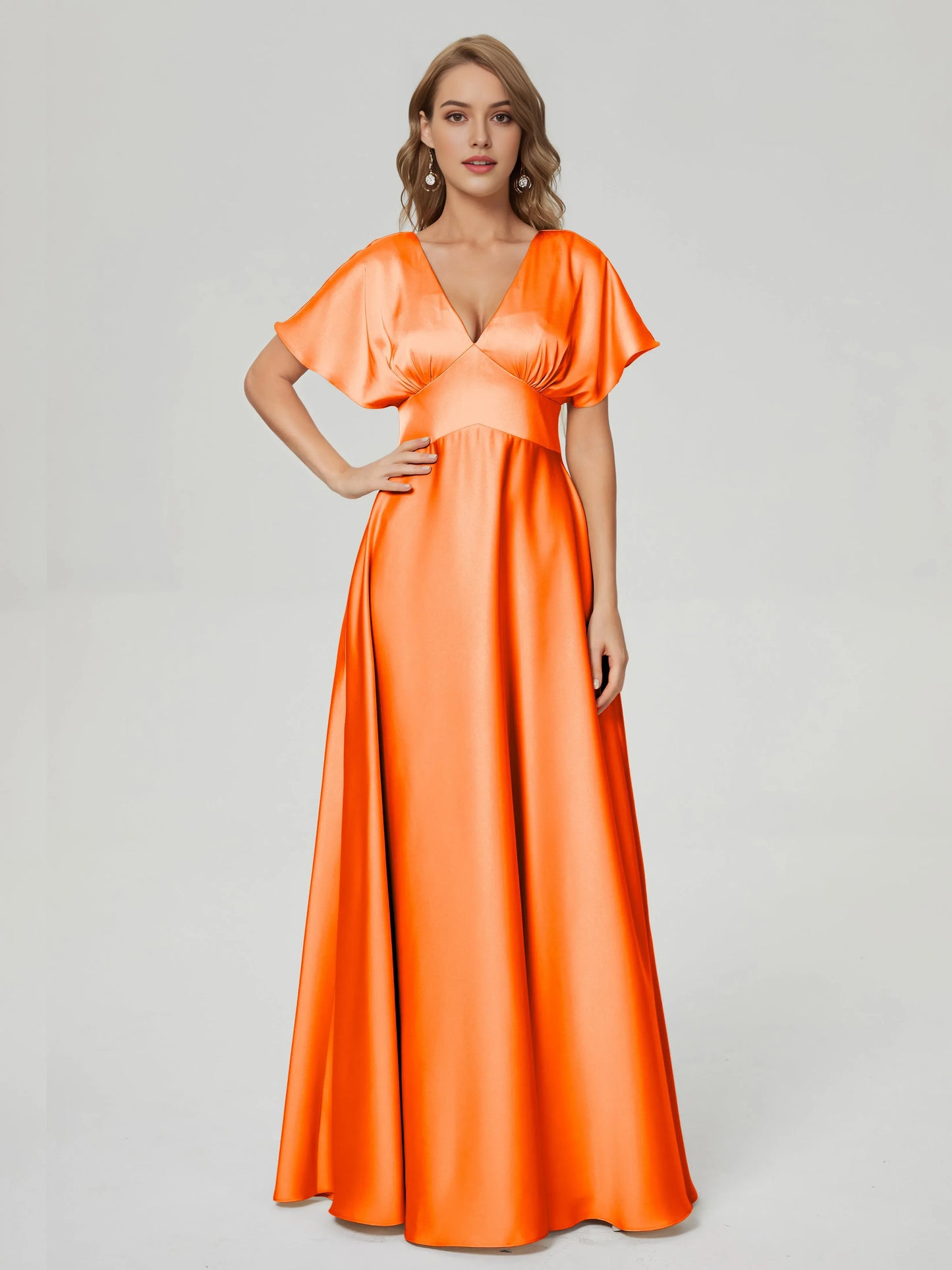 Elegant Burgundy V-neck Short Sleeves Satin Prom Dress  with Flutter Sleeves Deep and Flowy Skirt
