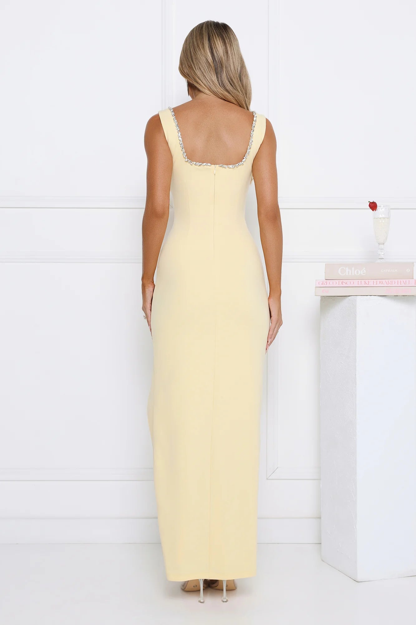 Elegant Buttercream Yellow Sleeveless Maxi Dress with Crystal Embellished Notched Square Neckline, Form-Fitting Silhouette and High Thigh Slit