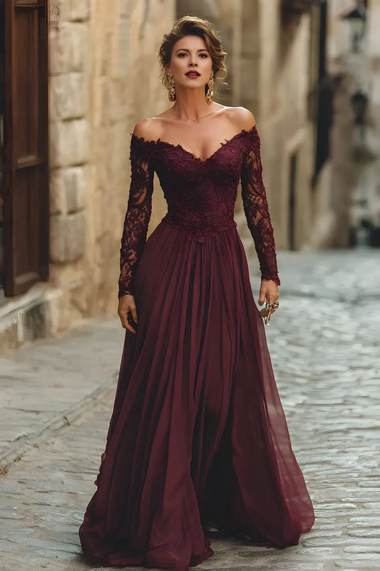 Elegant Cabernet A-Line Off-Shoulder Lace Long Sleeve Lace Up Floor-Length Mother of the Bride Dress