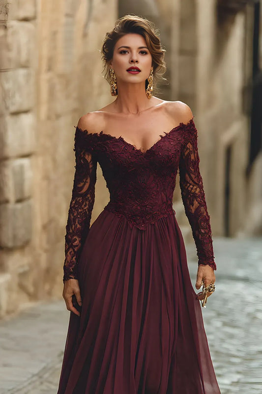 Elegant Cabernet A-Line Off-Shoulder Lace Long Sleeve Lace Up Floor-Length Mother of the Bride Dress