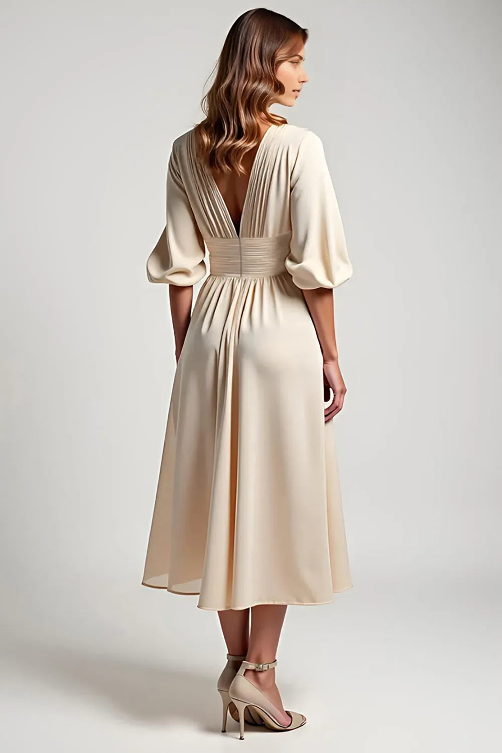 Elegant Champagne A-Line V-Neck Puff Sleeve Ruched V back Tea Length Mother of the Bride Dress