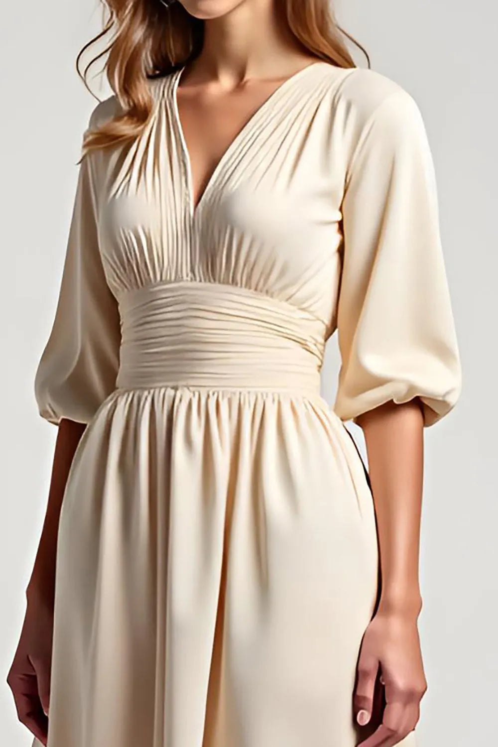 Elegant Champagne A-Line V-Neck Puff Sleeve Ruched V back Tea Length Mother of the Bride Dress