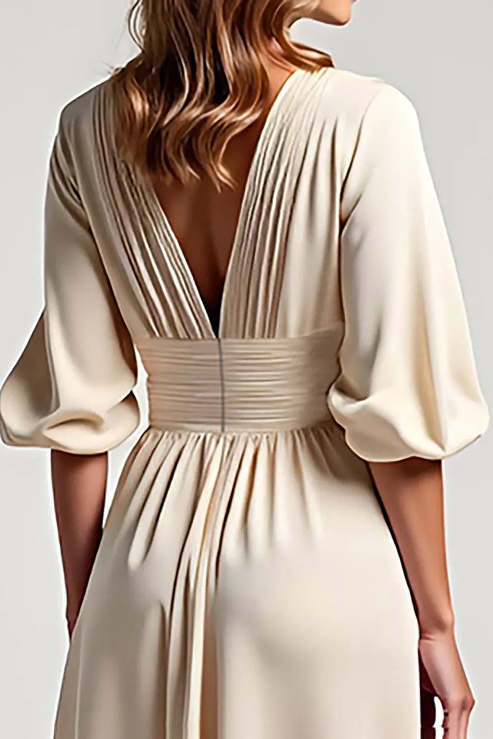 Elegant Champagne A-Line V-Neck Puff Sleeve Ruched V back Tea Length Mother of the Bride Dress