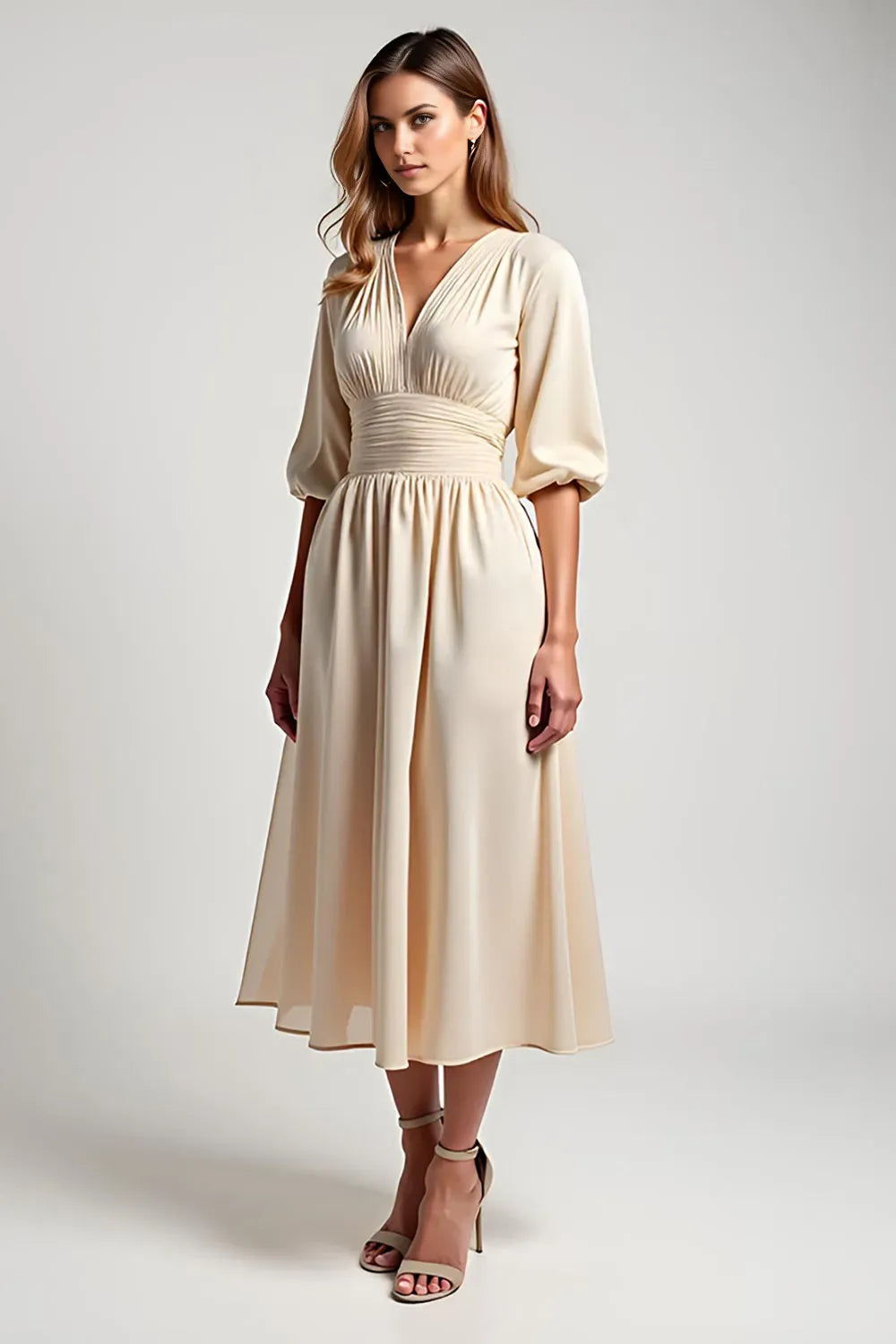 Elegant Champagne A-Line V-Neck Puff Sleeve Ruched V back Tea Length Mother of the Bride Dress