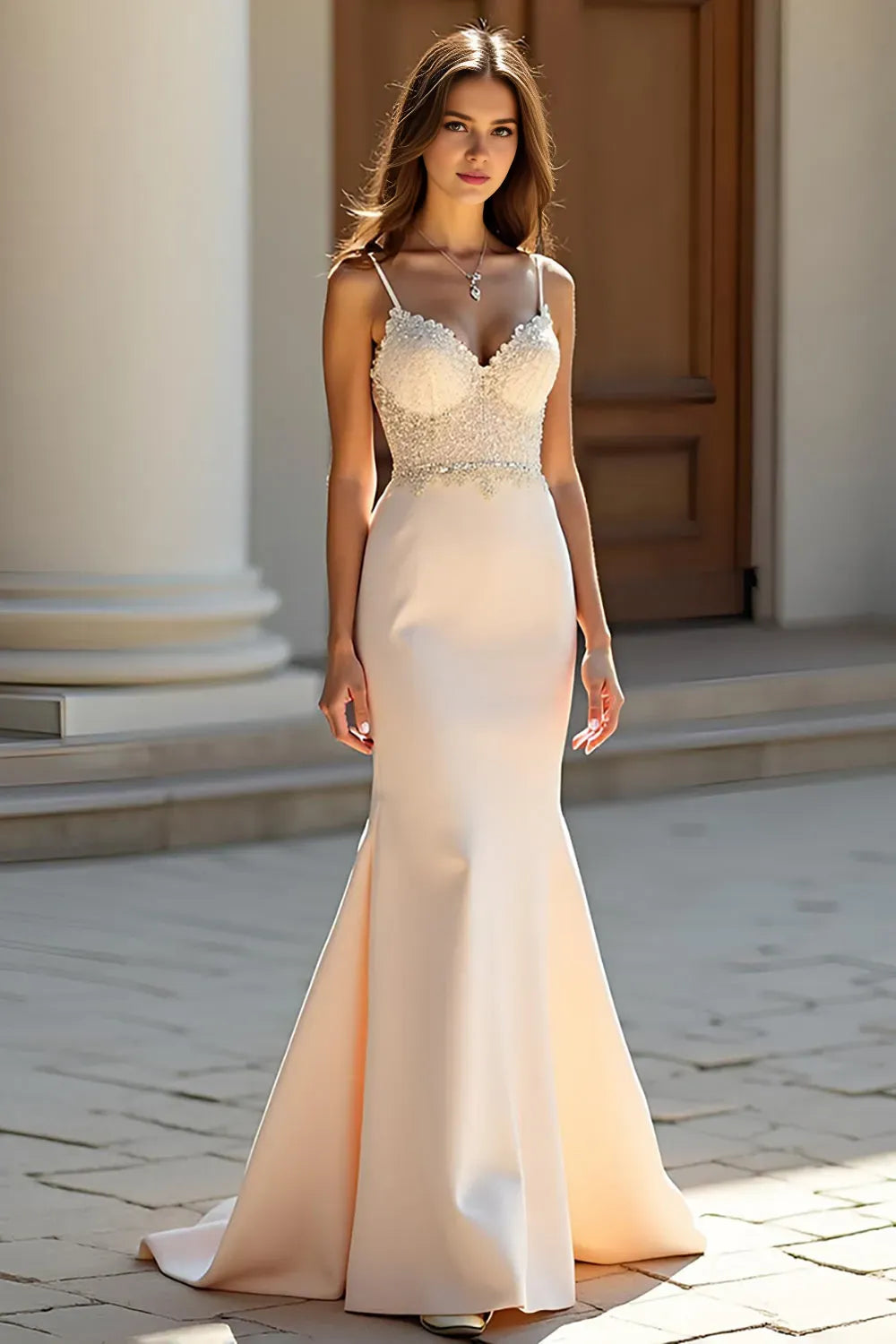 Elegant Champagne Mermaid Deep V-Neck Spaghetti Strap Backless Floor-Length Satin Beaded Prom Dress