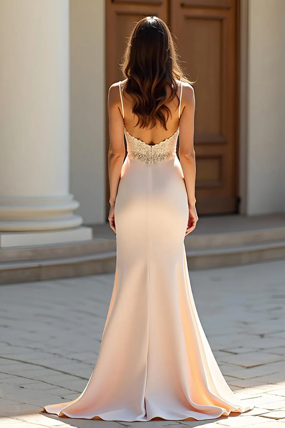 Elegant Champagne Mermaid Deep V-Neck Spaghetti Strap Backless Floor-Length Satin Beaded Prom Dress