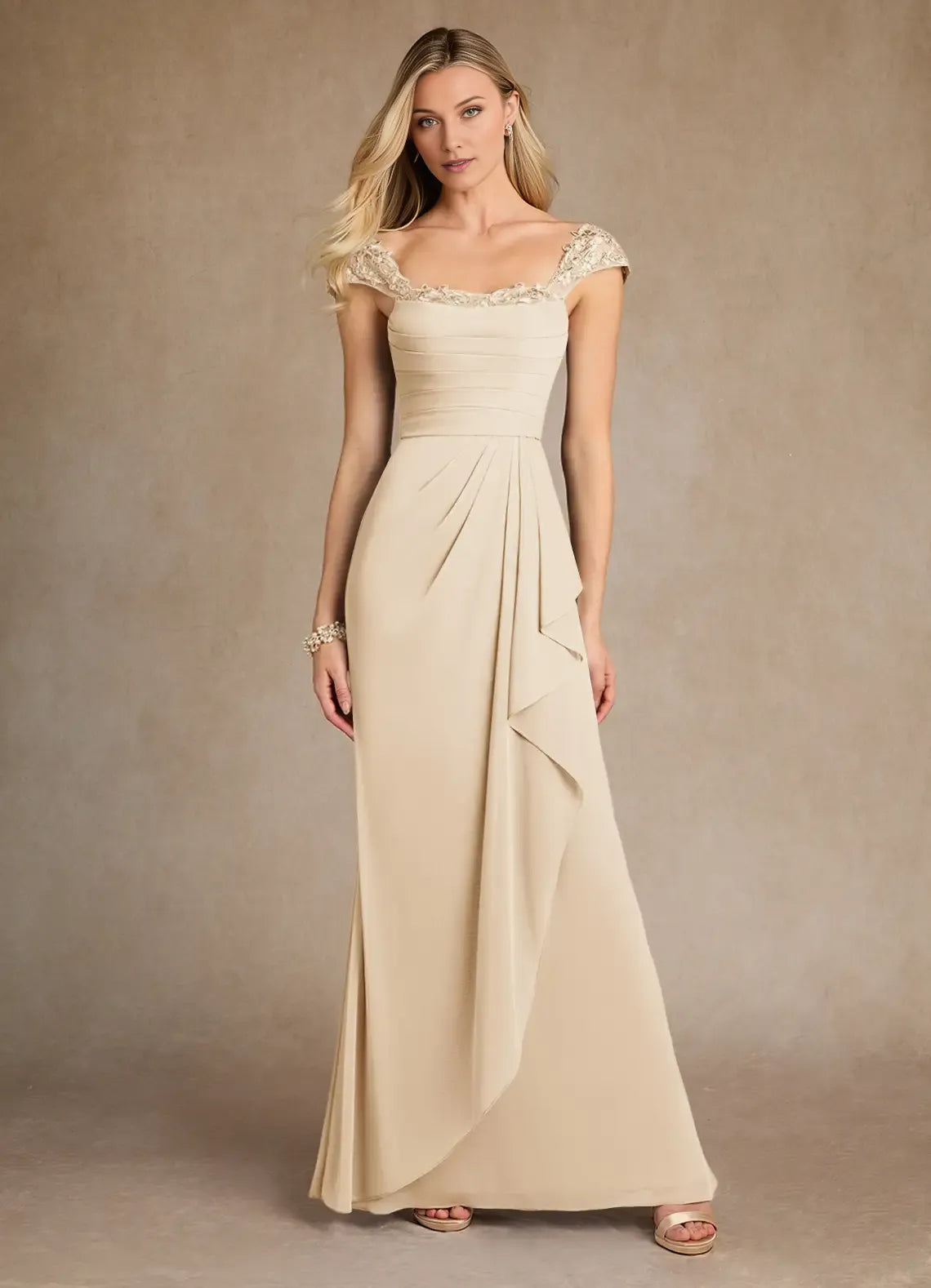 Elegant Champagne Sheath Lace Sweetheart Cap Sleeves Back Zip Floor-Length Mother of the Bride Dress for women hot sale