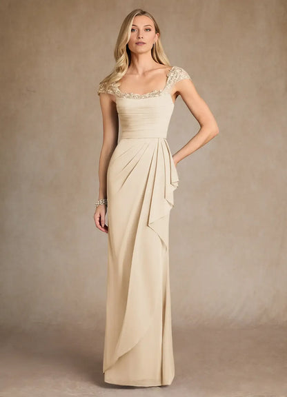 Elegant Champagne Sheath Lace Sweetheart Cap Sleeves Back Zip Floor-Length Mother of the Bride Dress for women hot sale