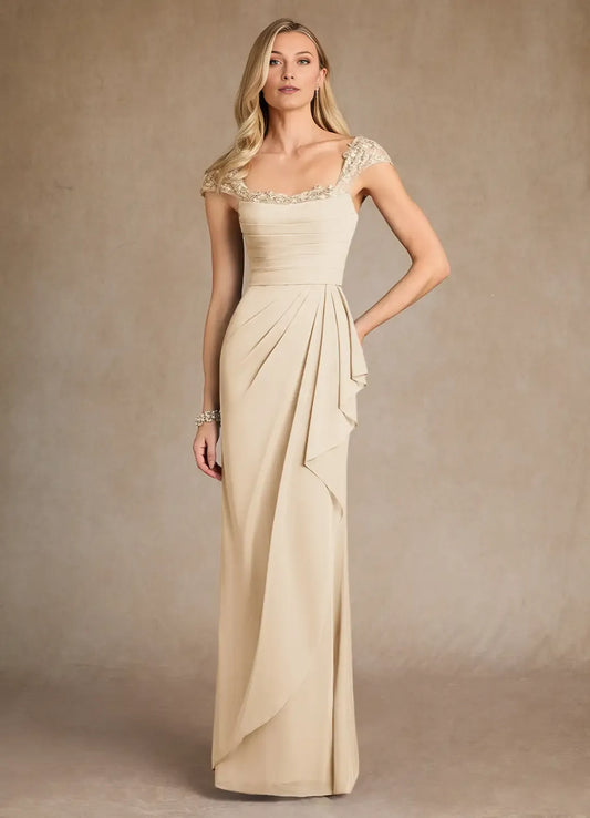 Elegant Champagne Sheath Lace Sweetheart Cap Sleeves Back Zip Floor-Length Mother of the Bride Dress for women hot sale