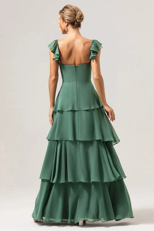 Elegant Chiffon A-Line Off-Shoulder Ruffle Sleeve Back Zip Floor-Length Prom Dresses with layered