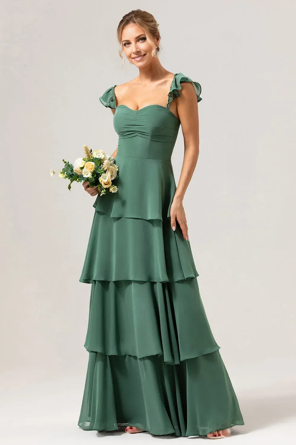 Elegant Chiffon A-Line Off-Shoulder Ruffle Sleeve Back Zip Floor-Length Prom Dresses with layered