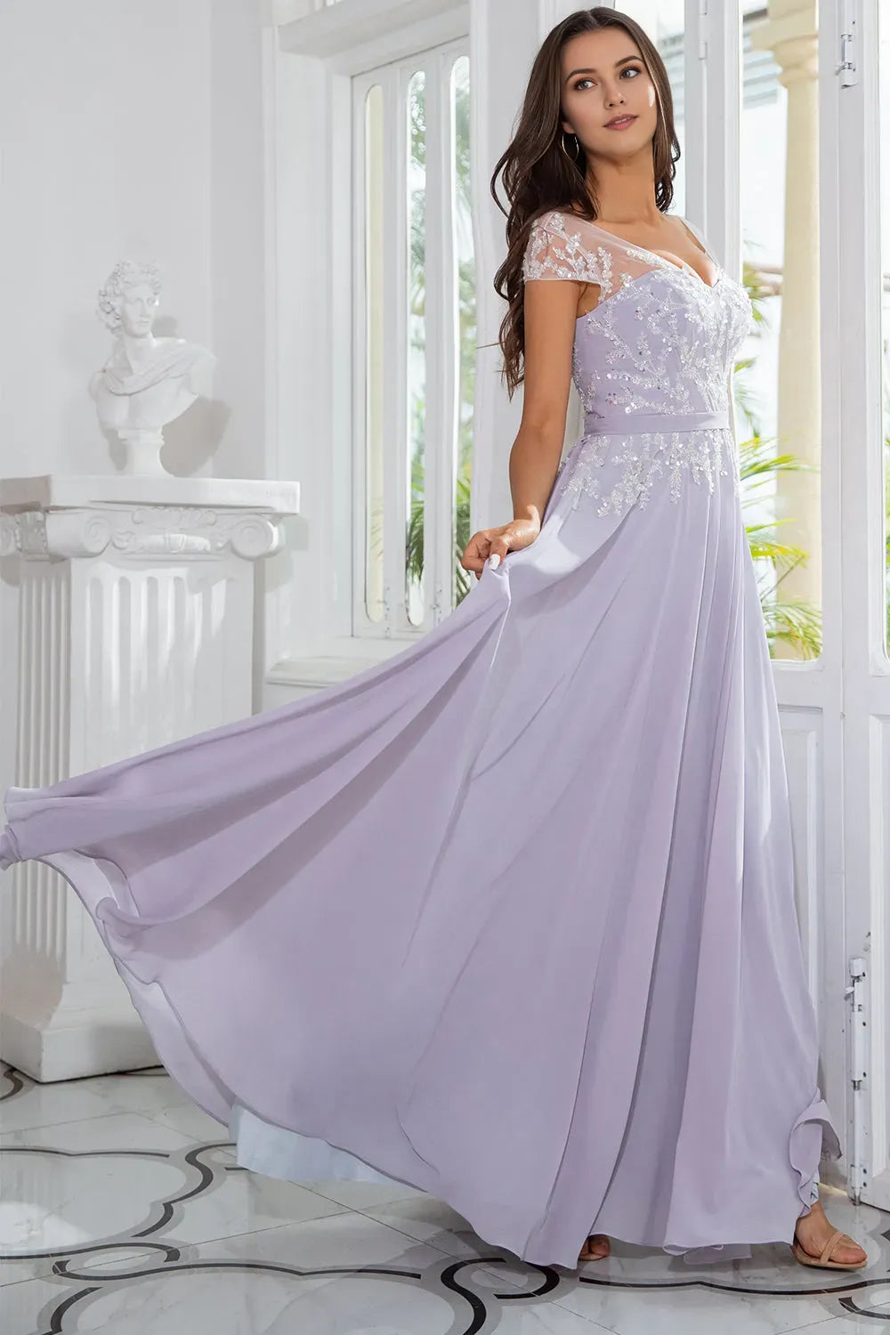Elegant Chiffon V Neck Lilac Illusion Neckline Beaded Chiffon Mother of the Bride Dress for ladies