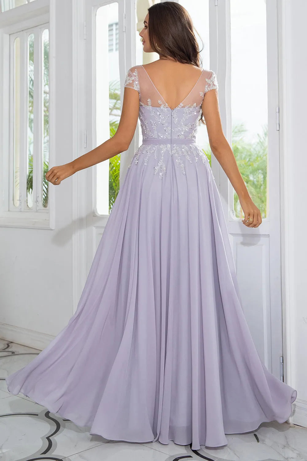 Elegant Chiffon V Neck Lilac Illusion Neckline Beaded Chiffon Mother of the Bride Dress for ladies