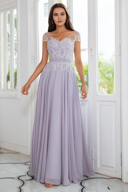 Elegant Chiffon V Neck Lilac Illusion Neckline Beaded Chiffon Mother of the Bride Dress for ladies