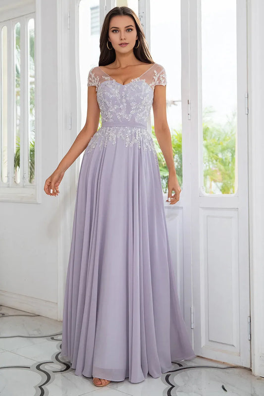 Elegant Chiffon V Neck Lilac Illusion Neckline Beaded Chiffon Mother of the Bride Dress for ladies