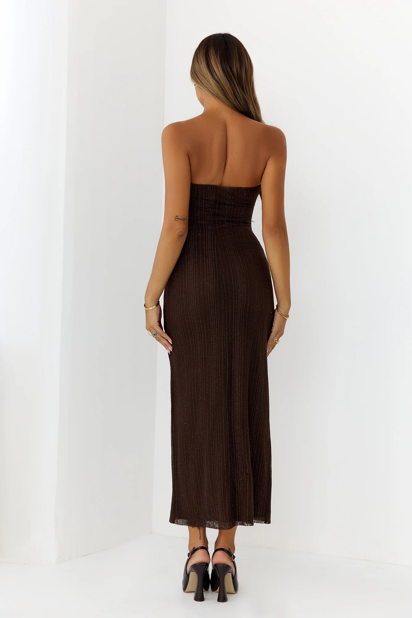 Elegant Chocolate Brown Strapless Midi Dress with Sweetheart Neckline, Lurex Stripe Texture, Twisted Bust Detail and Form-Fitting Silhouette