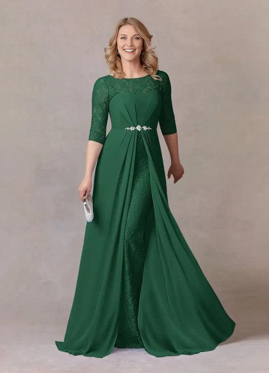 Elegant Dark Green A-Line Scoop Neck Three-Quarter Sleeve Back Zip Floor-Length Side Leg Slit Mother of the Bride Dress for ladies for sale