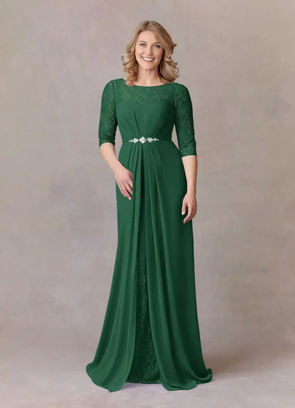 Elegant Dark Green A-Line Scoop Neck Three-Quarter Sleeve Back Zip Floor-Length Side Leg Slit Mother of the Bride Dress for ladies for sale