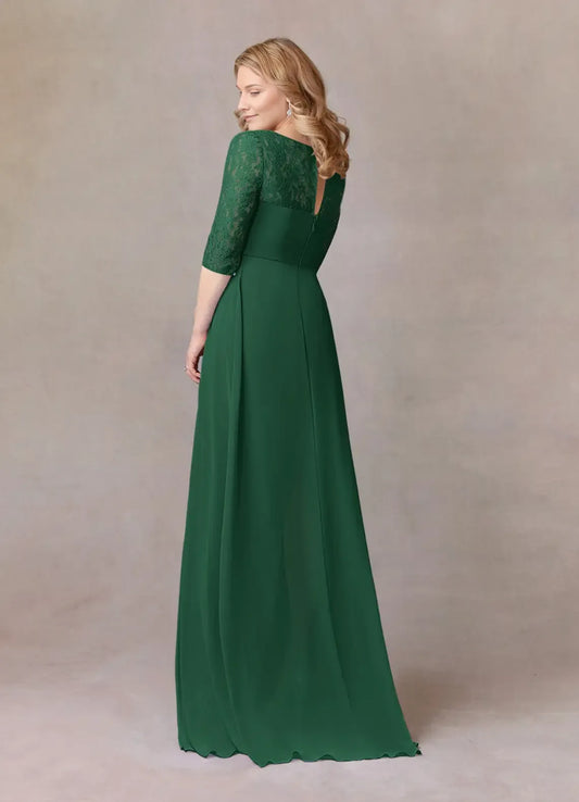 Elegant Dark Green A-Line Scoop Neck Three-Quarter Sleeve Back Zip Floor-Length Side Leg Slit Mother of the Bride Dress for ladies for sale