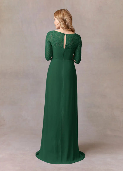 Elegant Dark Green A-Line Scoop Neck Three-Quarter Sleeve Back Zip Floor-Length Side Leg Slit Mother of the Bride Dress for ladies for sale