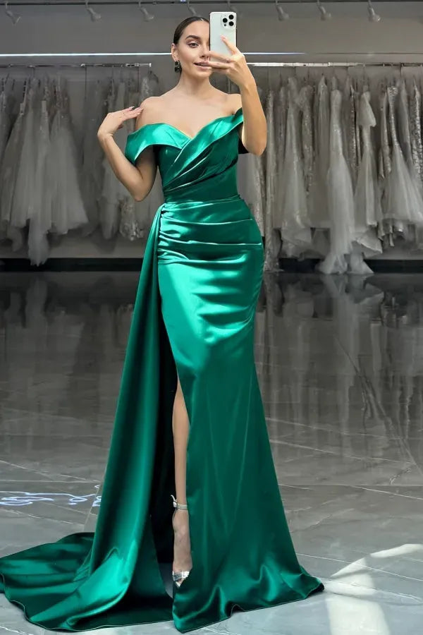Elegant Dark Green Mermaid Off-Shoulder Sleeveless Back Zip High Side Slit and Train Prom Dress
