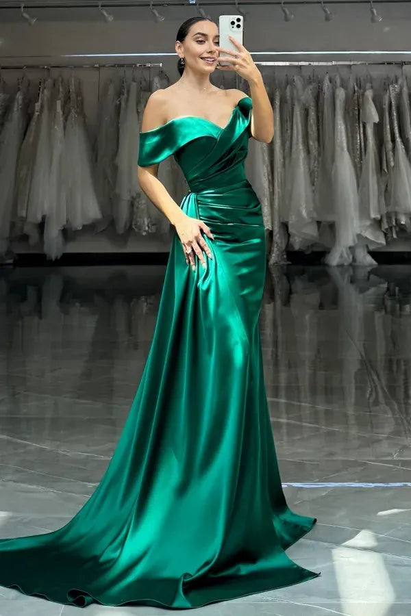 Elegant Dark Green Mermaid Off-Shoulder Sleeveless Back Zip High Side Slit and Train Prom Dress