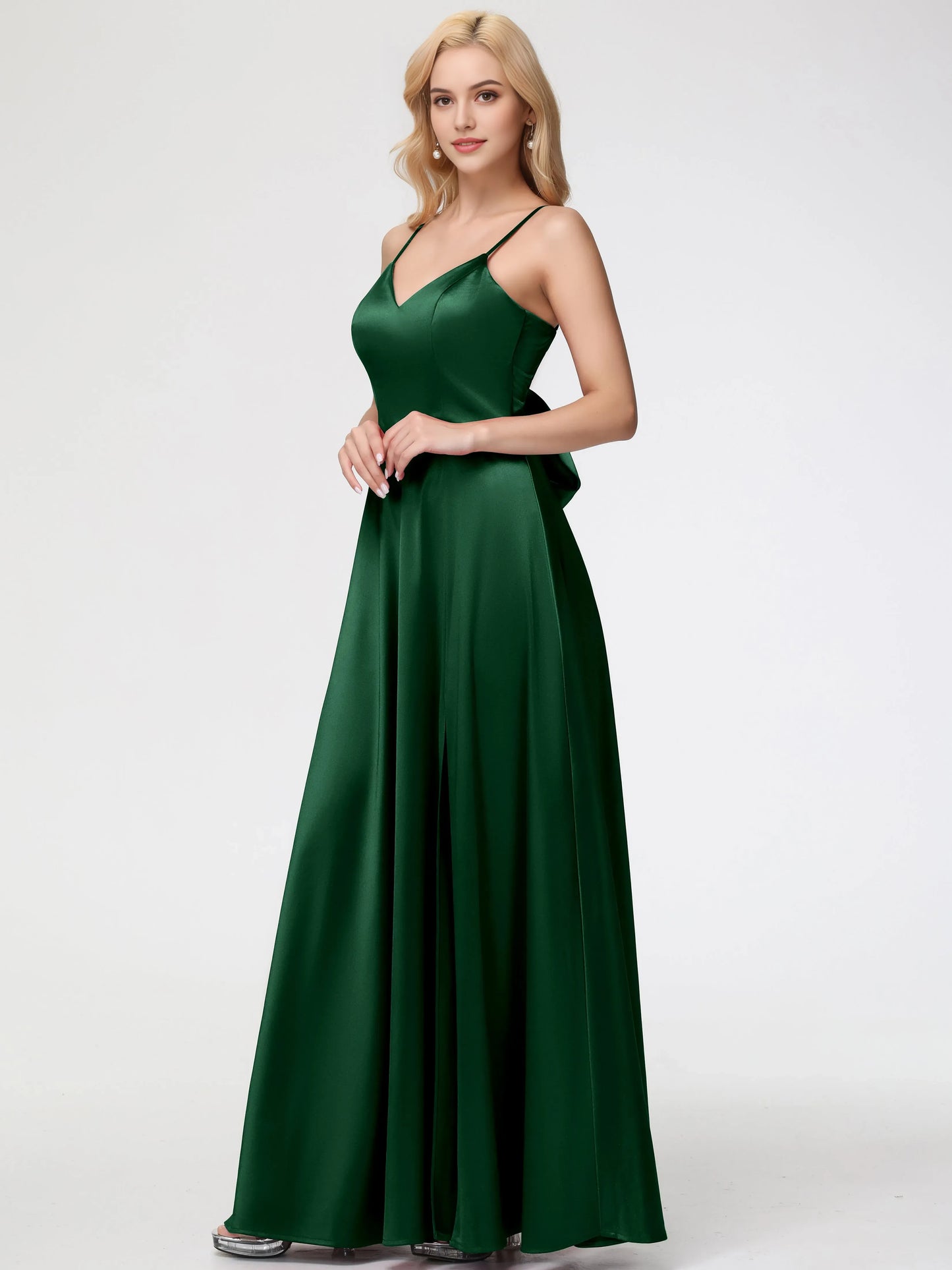 Elegant Dark Green Prom Dresses A-Line V-Neck Spaghetti Straps Sleeveless Satin for women hot sale