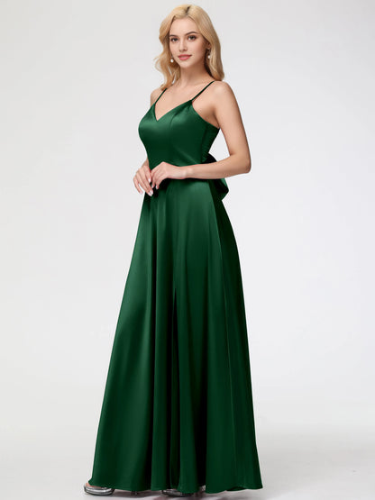 Elegant Dark Green Prom Dresses A-Line V-Neck Spaghetti Straps Sleeveless Satin for women hot sale