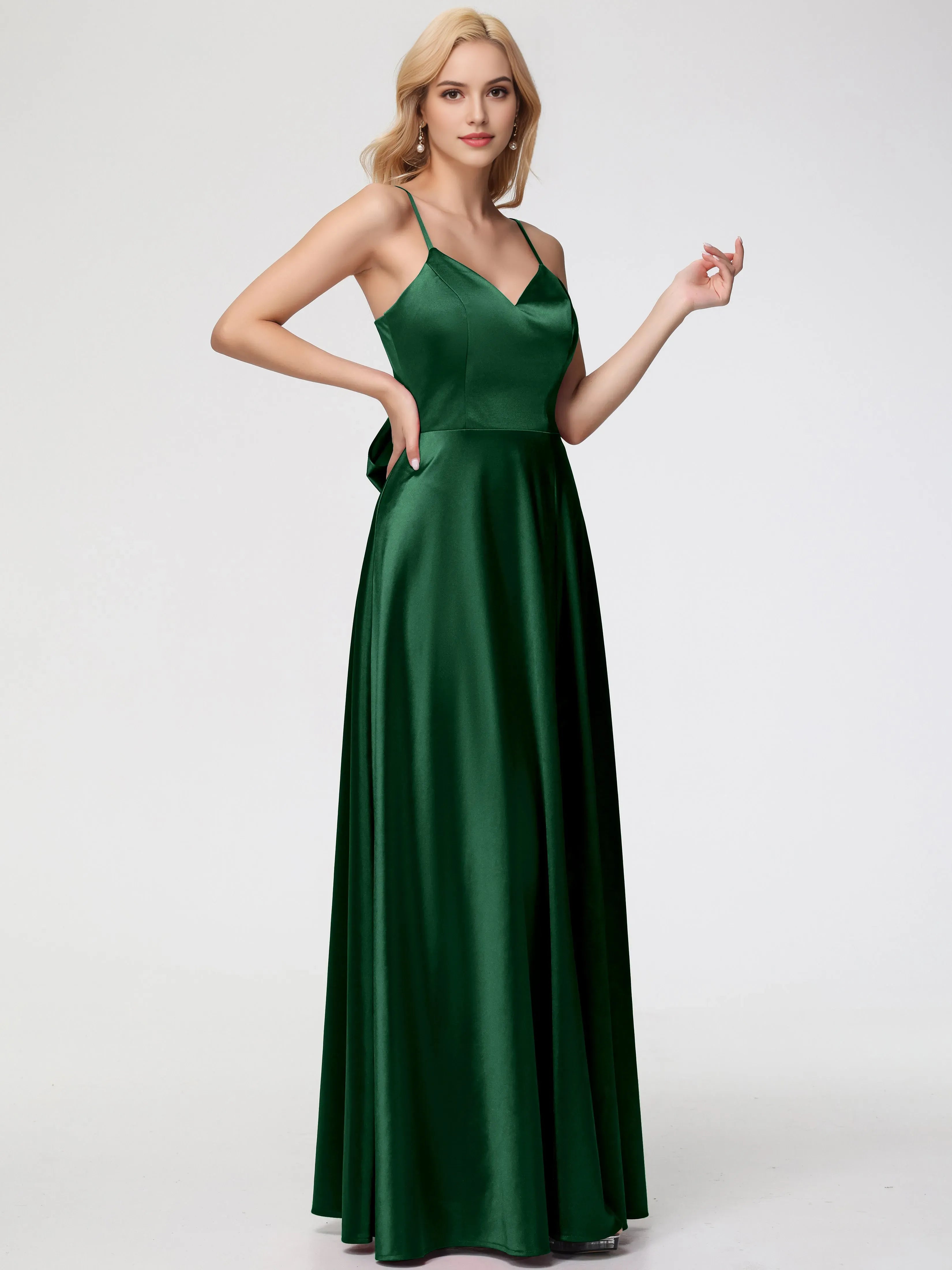 Elegant Dark Green Prom Dresses A-Line V-Neck Spaghetti Straps Sleeveless Satin for women hot sale