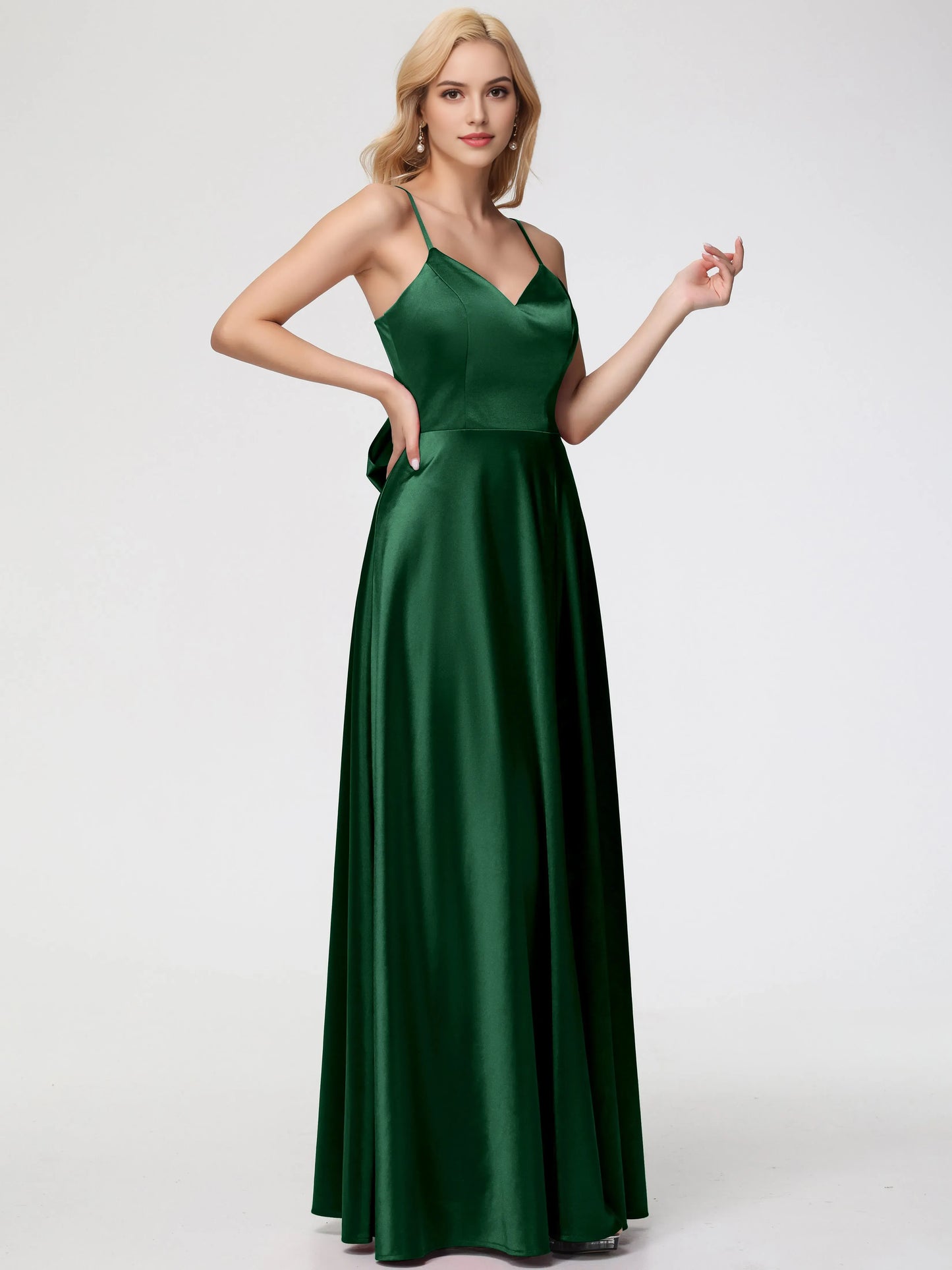 Elegant Dark Green Prom Dresses A-Line V-Neck Spaghetti Straps Sleeveless Satin for women hot sale