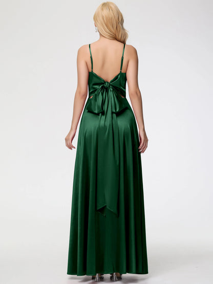 Elegant Dark Green Prom Dresses A-Line V-Neck Spaghetti Straps Sleeveless Satin for women hot sale