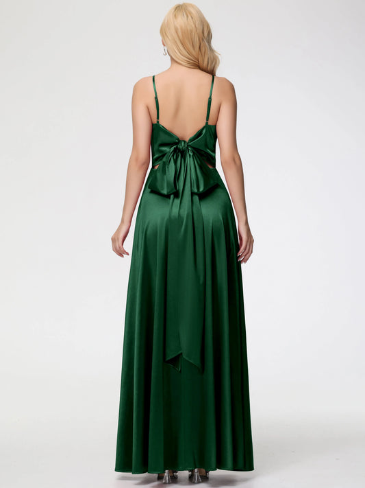 Elegant Dark Green Prom Dresses A-Line V-Neck Spaghetti Straps Sleeveless Satin for women hot sale