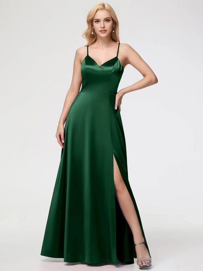 Elegant Dark Green Prom Dresses A-Line V-Neck Spaghetti Straps Sleeveless Satin for women hot sale