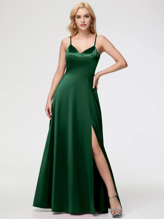 Elegant Dark Green Prom Dresses A-Line V-Neck Spaghetti Straps Sleeveless Satin for women hot sale