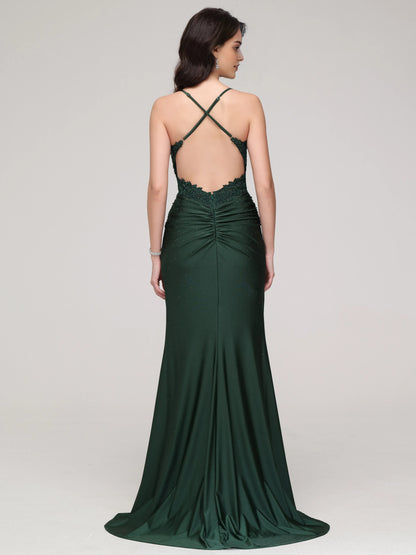 Elegant Dark Green Spaghetti Straps Mermaid Backless with Spaghetti Straps Lace Embroidered Bodice Ruched Waist and Silhouette for Formal