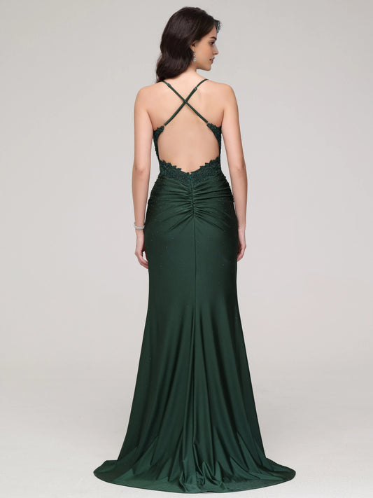 Elegant Dark Green Spaghetti Straps Mermaid Backless with Spaghetti Straps Lace Embroidered Bodice Ruched Waist and Silhouette for Formal