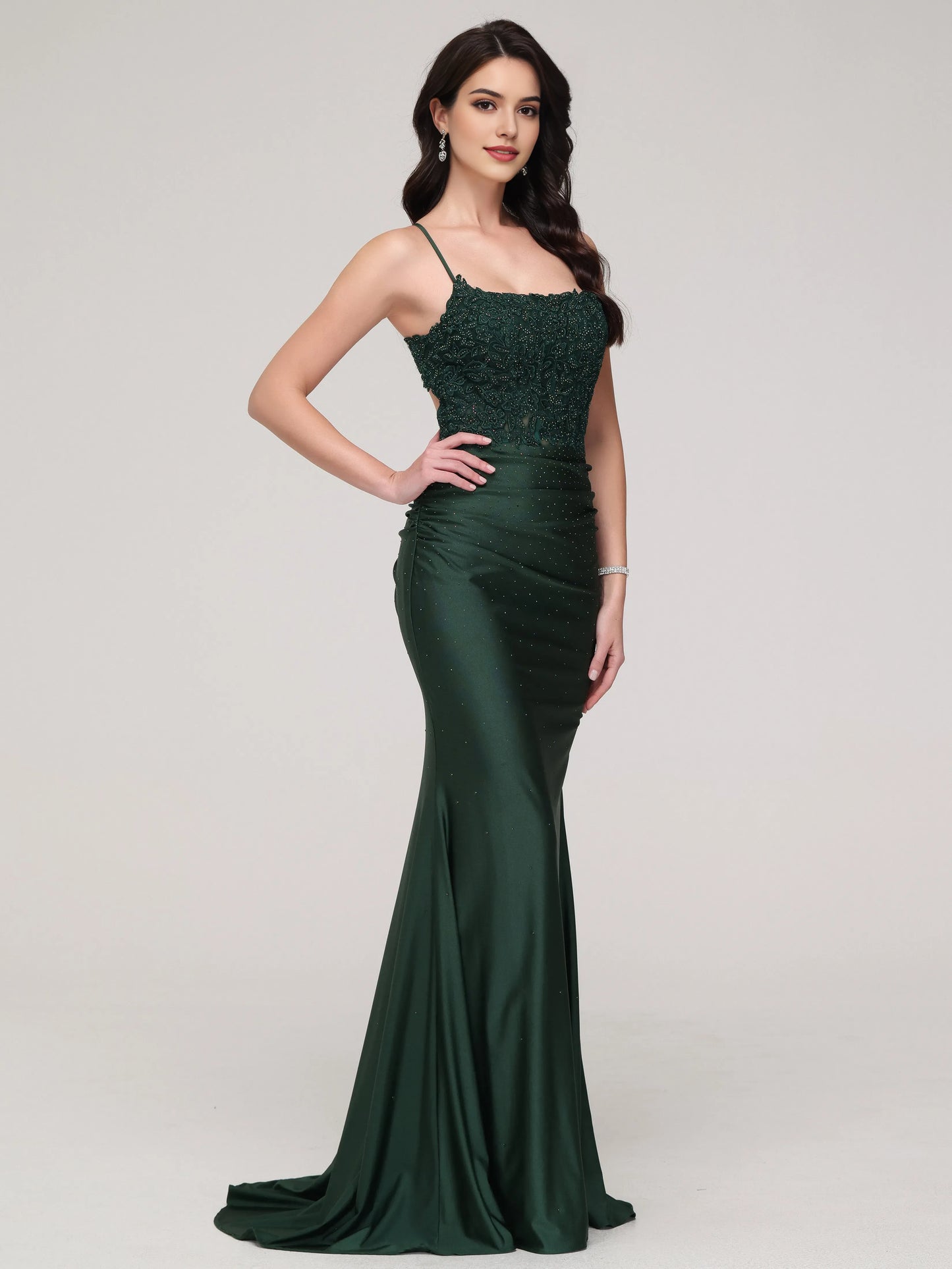 Elegant Dark Green Spaghetti Straps Mermaid Backless with Spaghetti Straps Lace Embroidered Bodice Ruched Waist and Silhouette for Formal