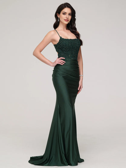 Elegant Dark Green Spaghetti Straps Mermaid Backless with Spaghetti Straps Lace Embroidered Bodice Ruched Waist and Silhouette for Formal