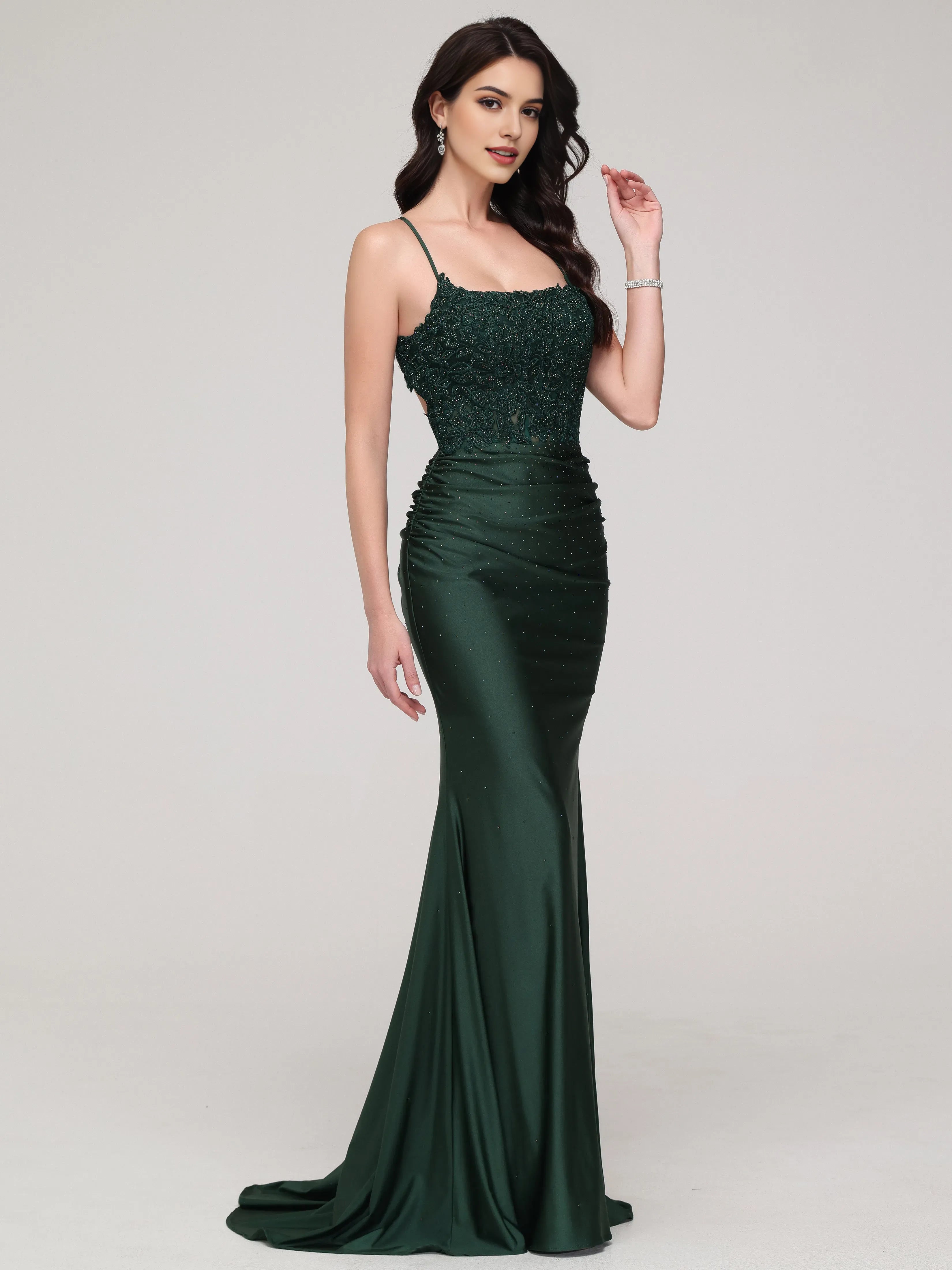 Elegant Dark Green Spaghetti Straps Mermaid Backless with Spaghetti Straps Lace Embroidered Bodice Ruched Waist and Silhouette for Formal
