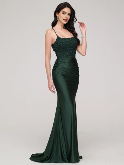 Elegant Dark Green Spaghetti Straps Mermaid Backless with Spaghetti Straps Lace Embroidered Bodice Ruched Waist and Silhouette for Formal