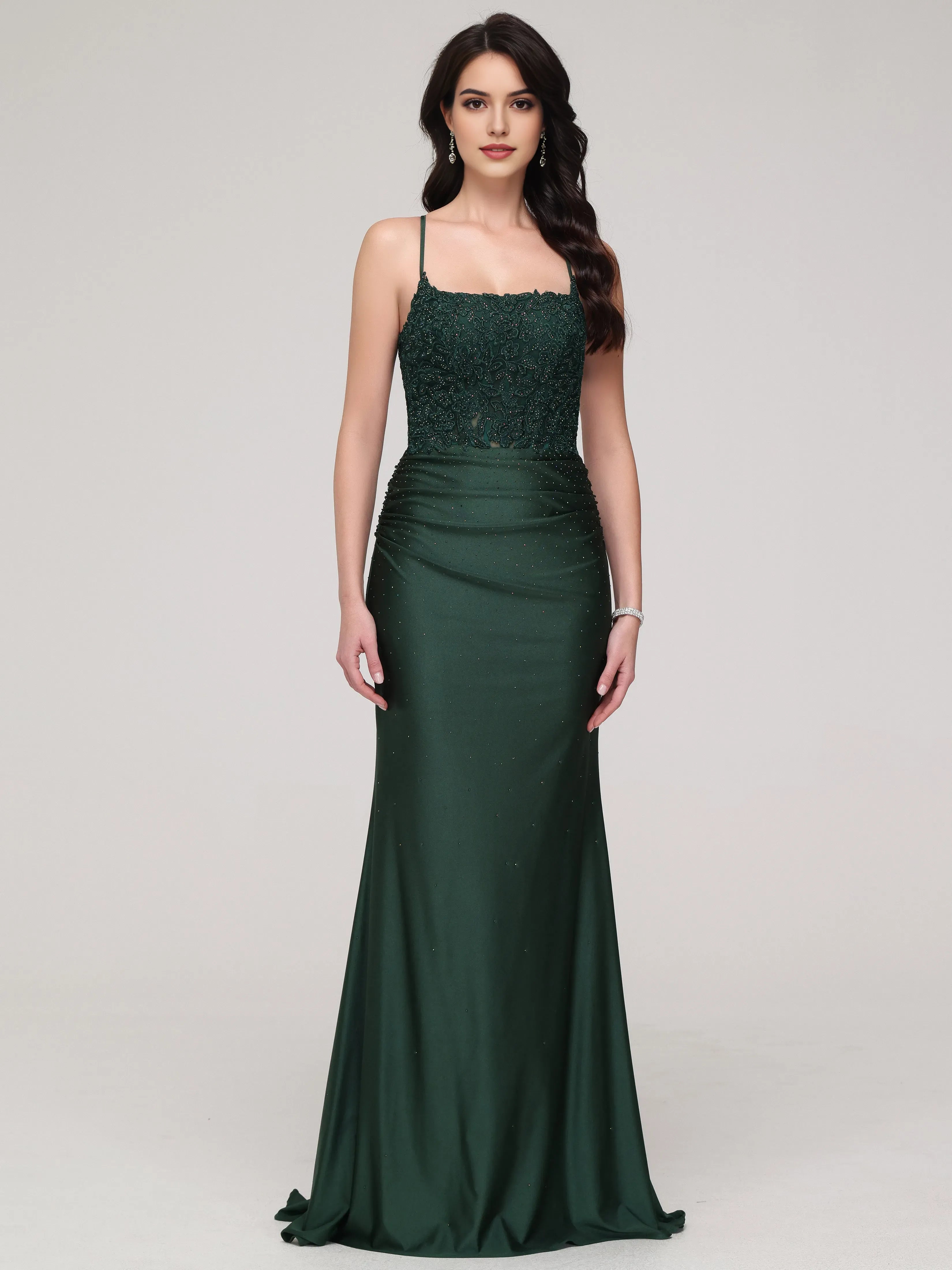 Elegant Dark Green Spaghetti Straps Mermaid Backless with Spaghetti Straps Lace Embroidered Bodice Ruched Waist and Silhouette for Formal