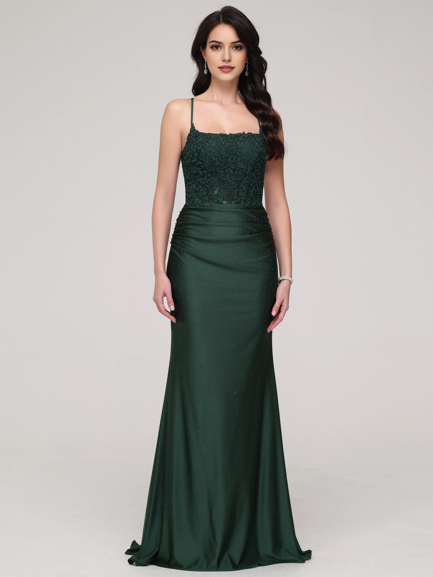 Elegant Dark Green Spaghetti Straps Mermaid Backless with Spaghetti Straps Lace Embroidered Bodice Ruched Waist and Silhouette for Formal