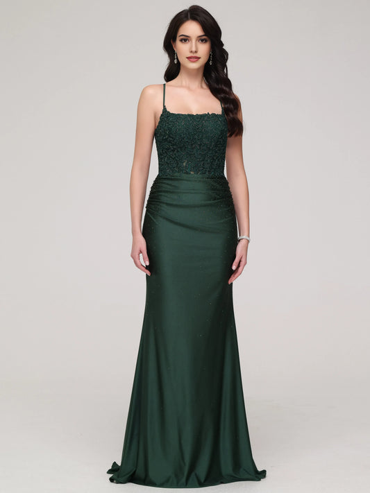 Elegant Dark Green Spaghetti Straps Mermaid Backless with Spaghetti Straps Lace Embroidered Bodice Ruched Waist and Silhouette for Formal